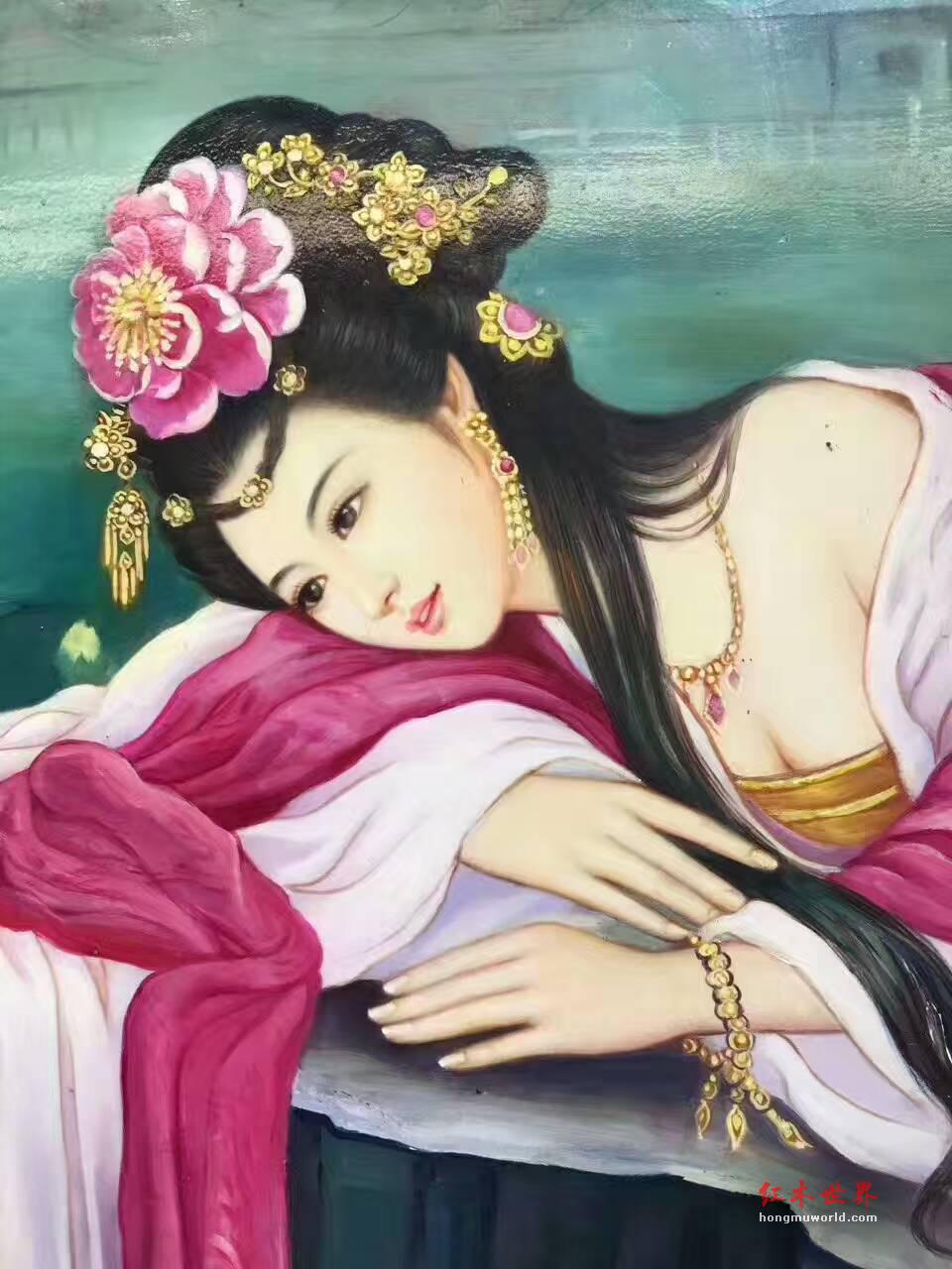 金丝楠木油画《美人图》 色泽鲜艳美人动情-8