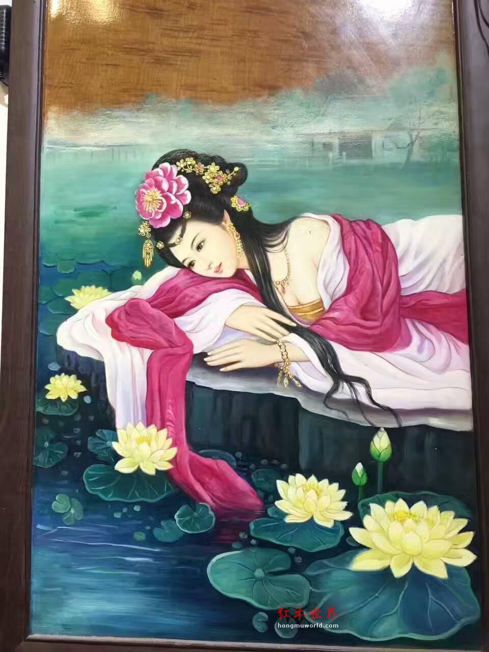 金丝楠木油画《美人图》 色泽鲜艳美人动情-9