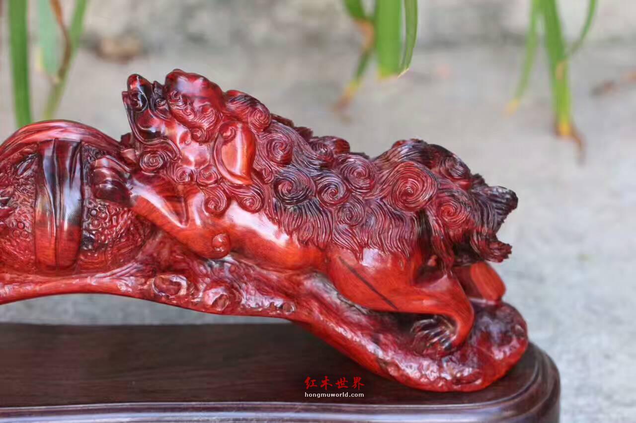 小叶紫檀摆件把件《双狮戏球》寓意风调雨顺-8