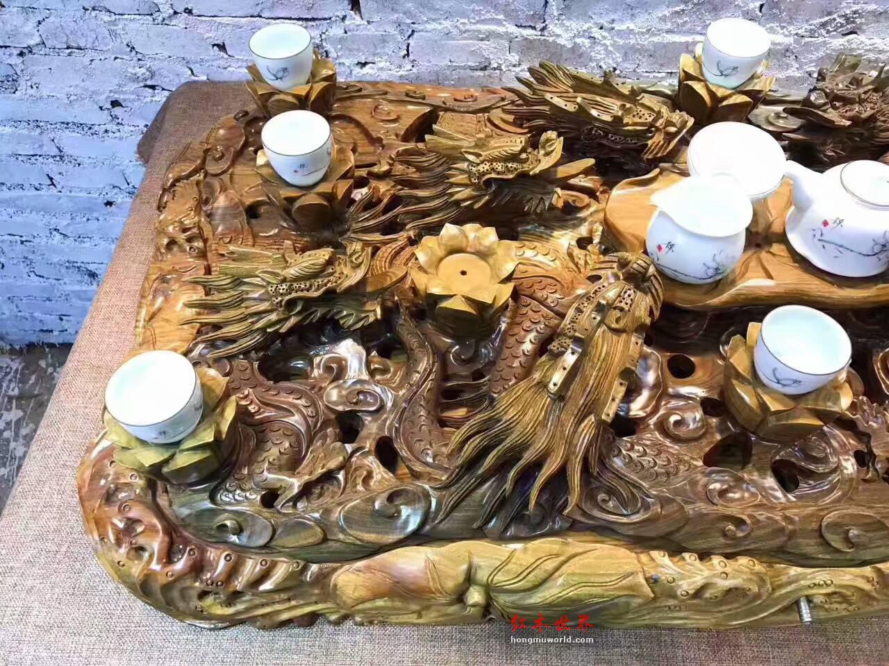 绿檀茶盘《九龙茶台》全立体镂空设计动态优美雕工一流-1