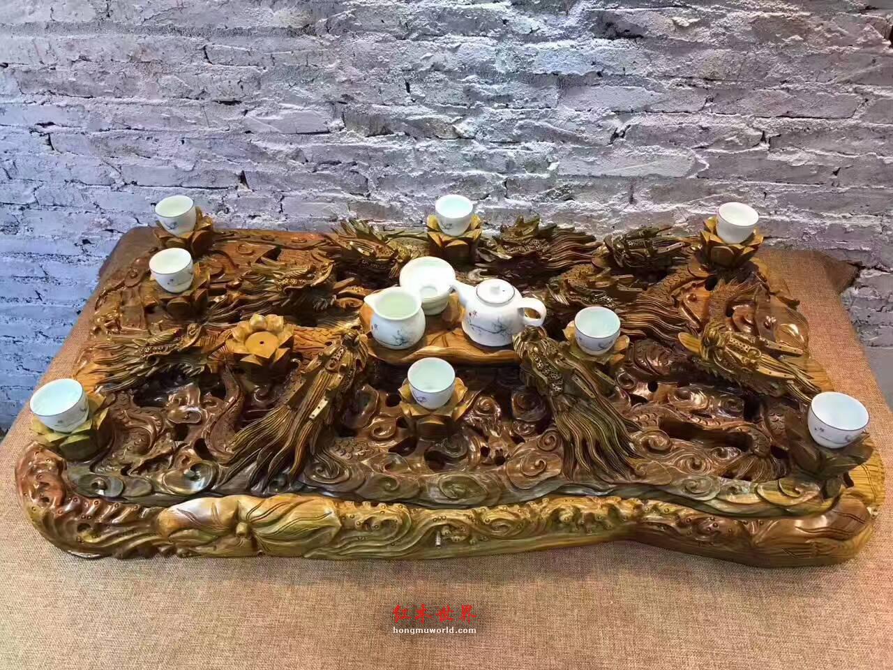 绿檀茶盘《九龙茶台》全立体镂空设计动态优美雕工一流-3