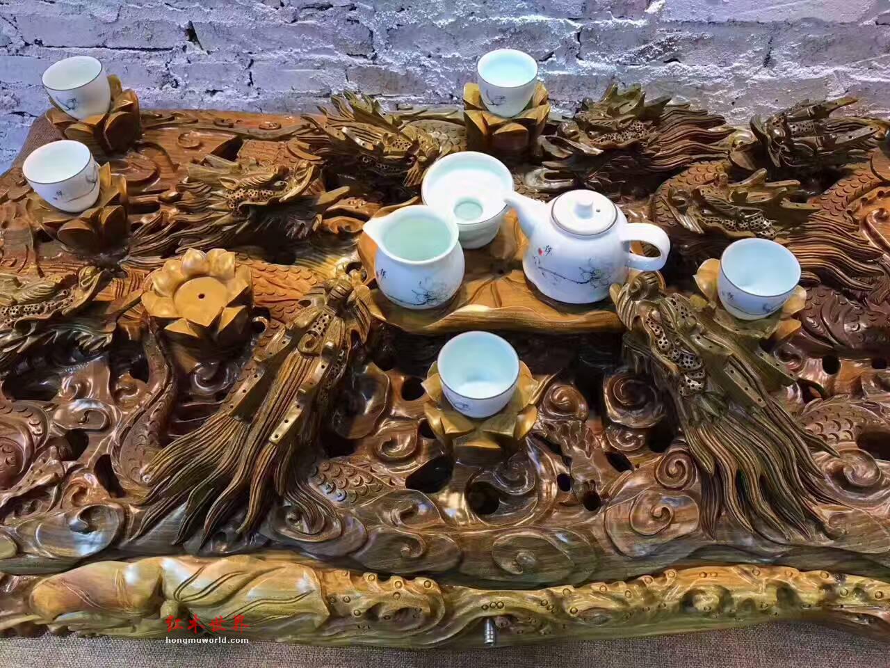 绿檀茶盘《九龙茶台》全立体镂空设计动态优美雕工一流-4