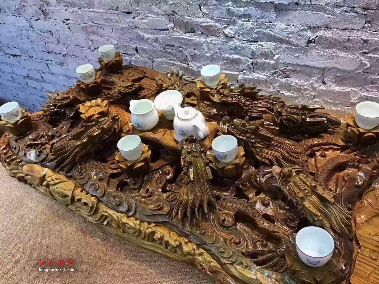 绿檀茶盘《九龙茶台》全立体镂空设计动态优美雕工一流-7