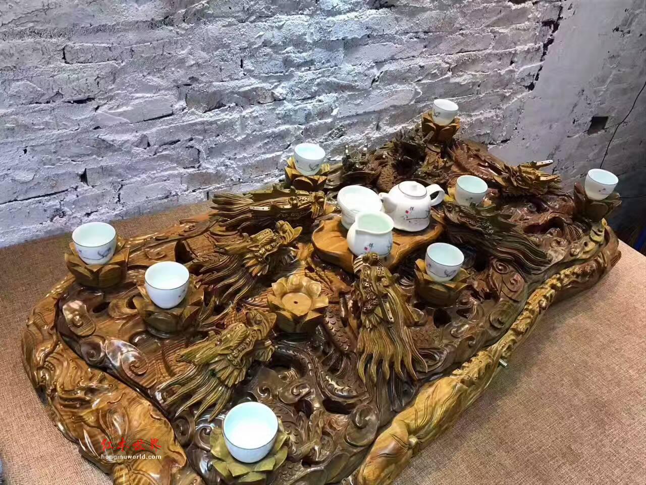绿檀茶盘《九龙茶台》全立体镂空设计动态优美雕工一流-6