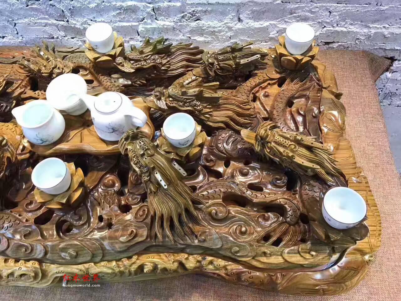 绿檀茶盘《九龙茶台》全立体镂空设计动态优美雕工一流-5