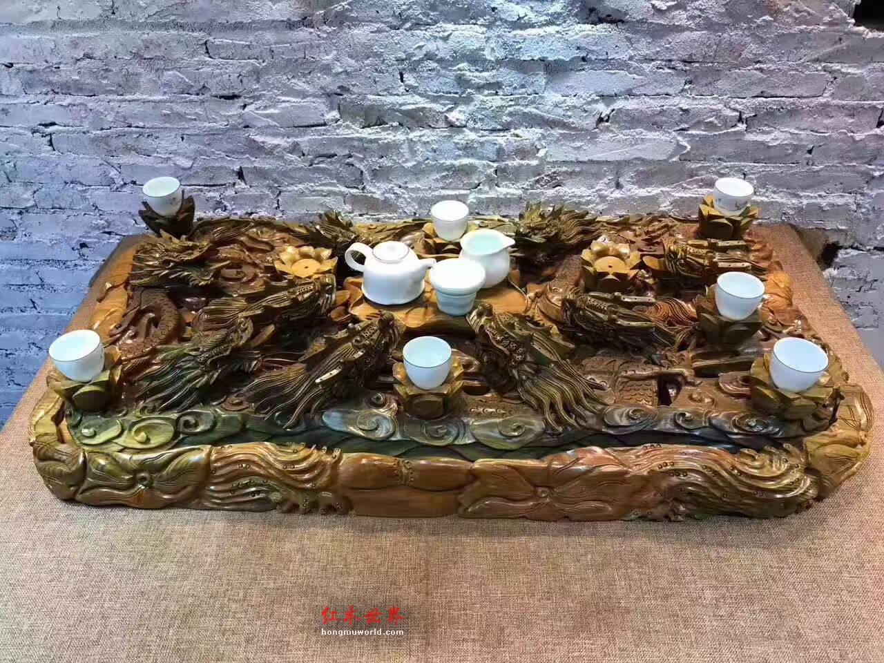绿檀茶盘《九龙茶台》全立体镂空设计动态优美雕工一流-9
