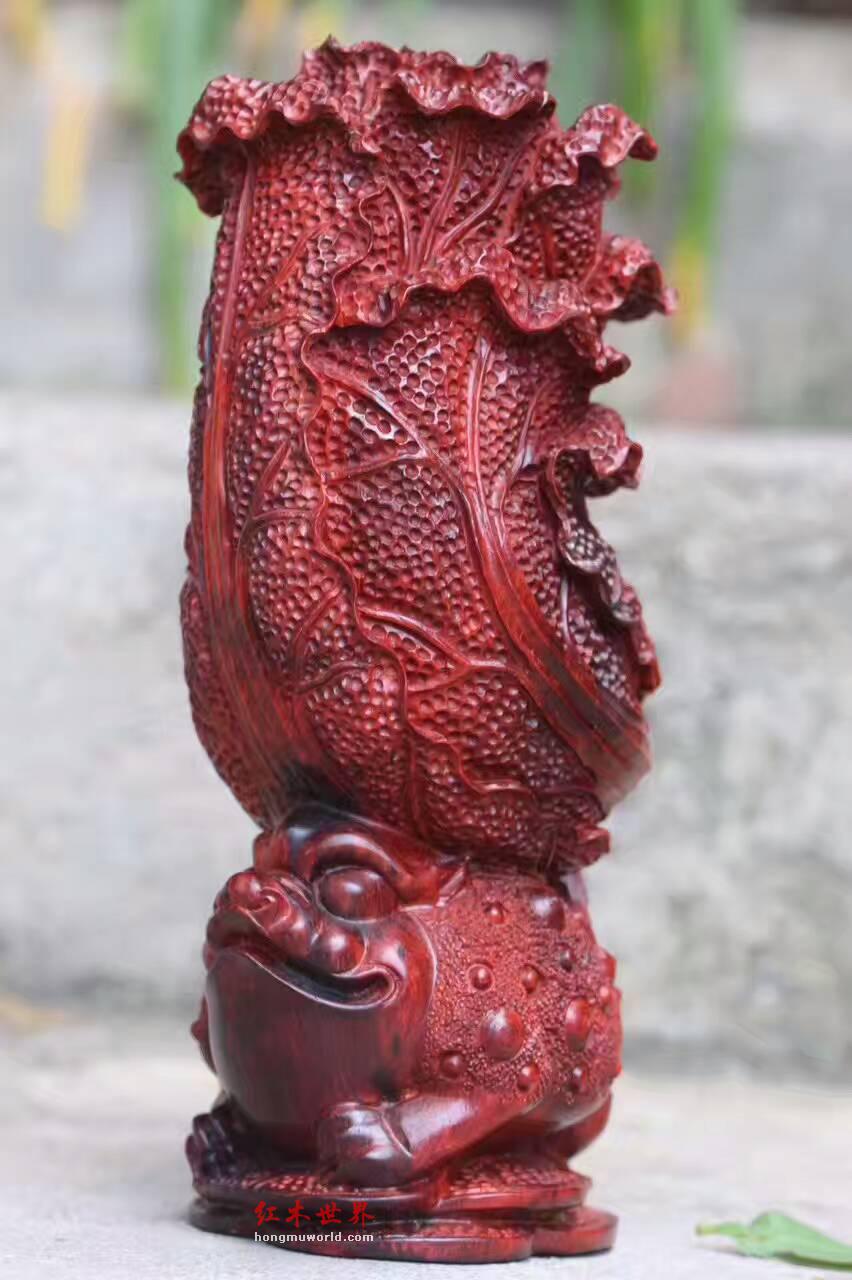 小叶紫檀招财摆件《金蟾白菜》精美雕工栩栩如生-3