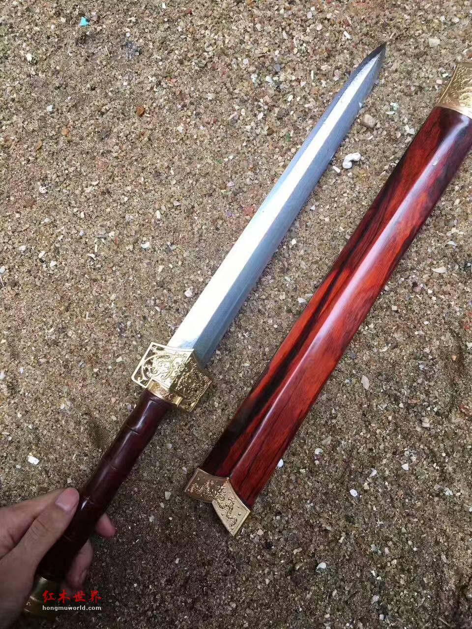 小叶紫檀剑柄剑鞘 纯手工锻打花纹钢剑身值得收藏-9