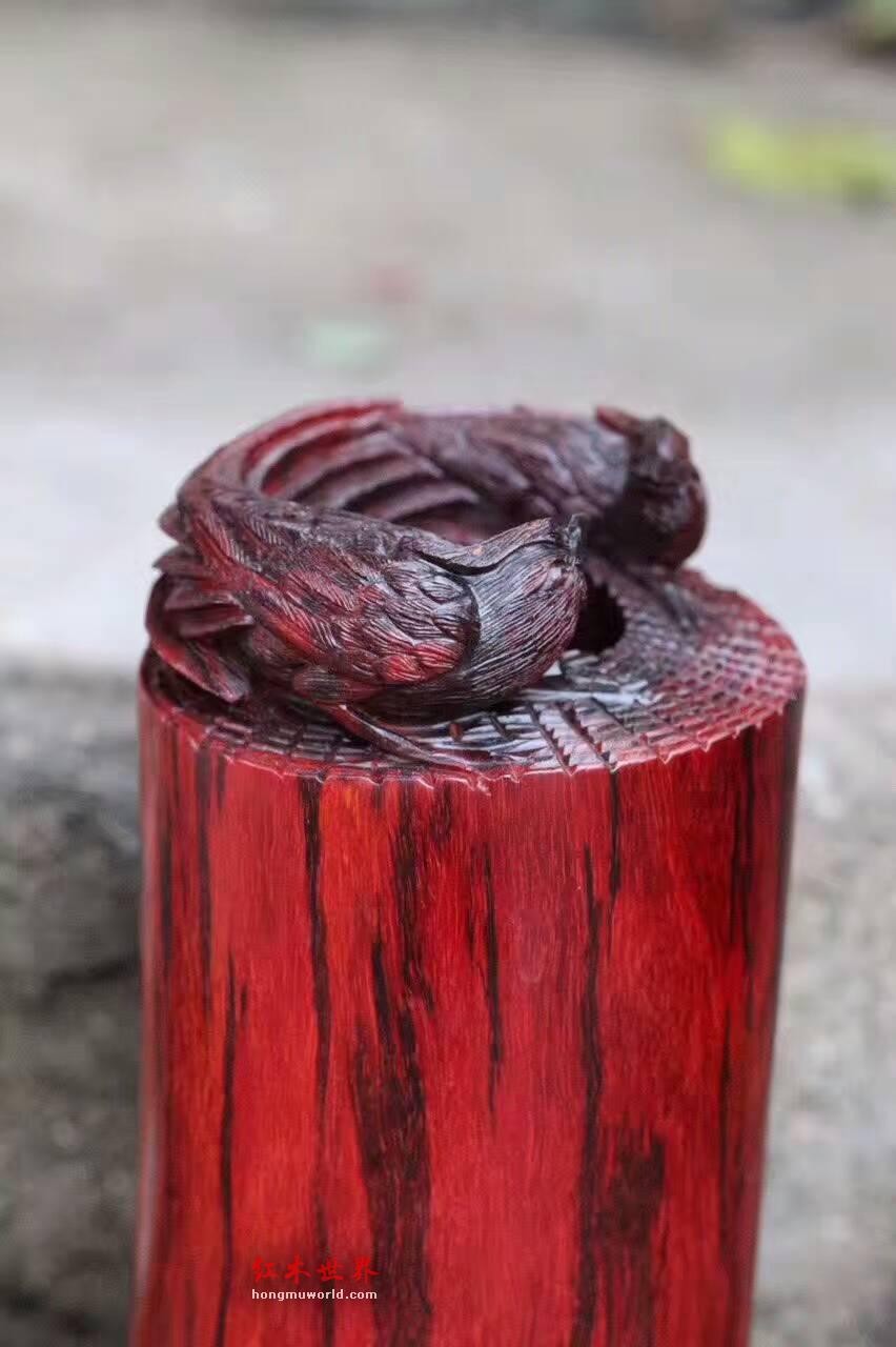 印度小叶紫檀--双喜临门 笔筒 局部精雕寓意美好-6