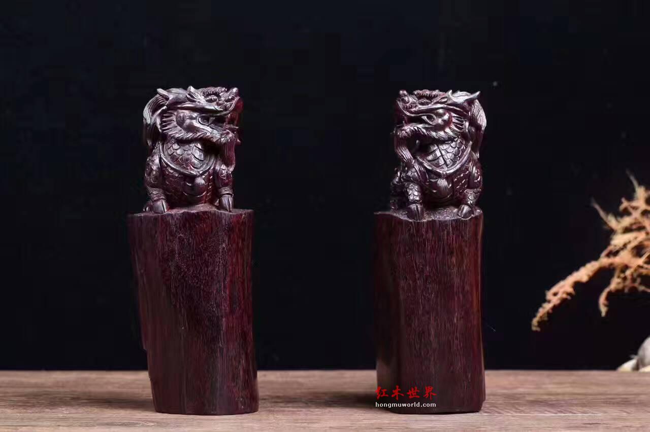 小叶紫檀成对小摆件《麒麟纳福》辟邪招财进宝-4