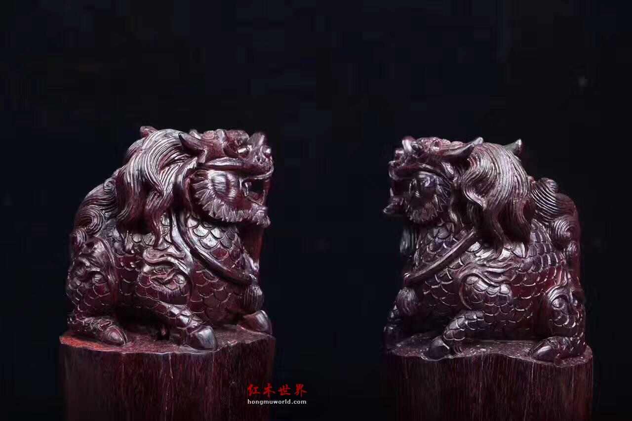 小叶紫檀成对小摆件《麒麟纳福》辟邪招财进宝-9