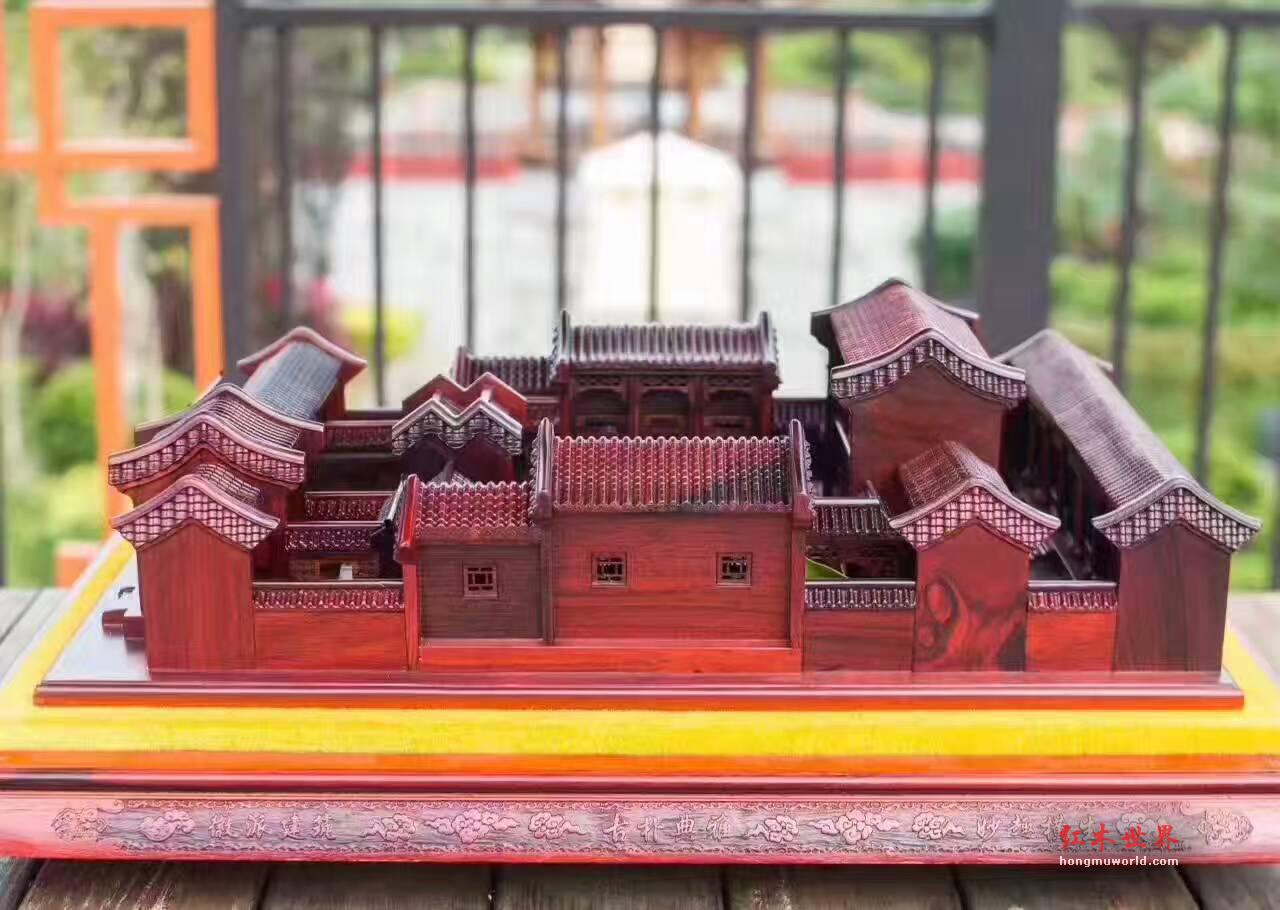 大红酸枝精品雕件《北京四合院》雕工精美细致-9