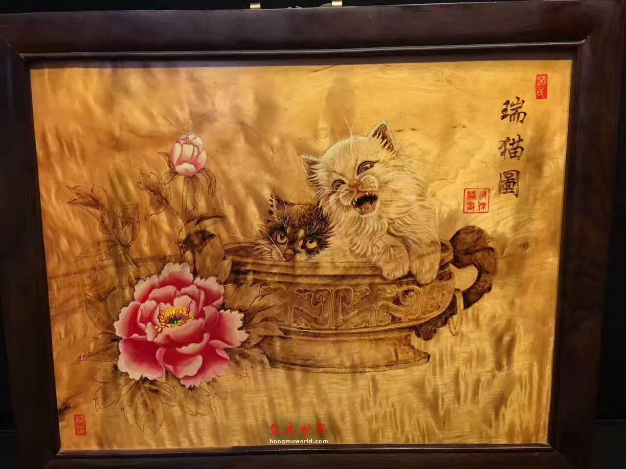 金丝楠木油画《瑞猫图》栩栩如生适合墙壁装饰-3