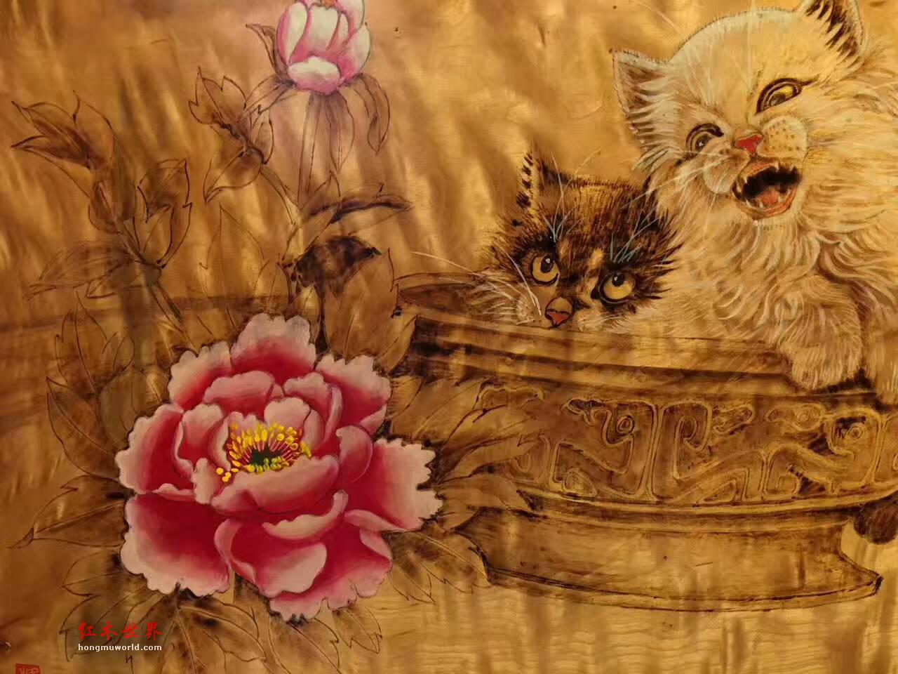 金丝楠木油画《瑞猫图》栩栩如生适合墙壁装饰-1