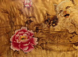 金丝楠木油画《瑞猫图》栩栩如生适合墙壁装饰