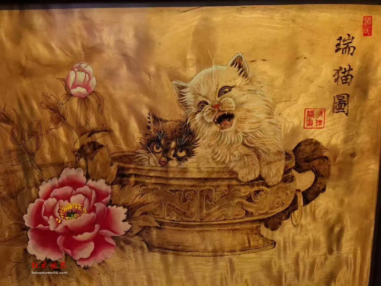 金丝楠木油画《瑞猫图》栩栩如生适合墙壁装饰-2
