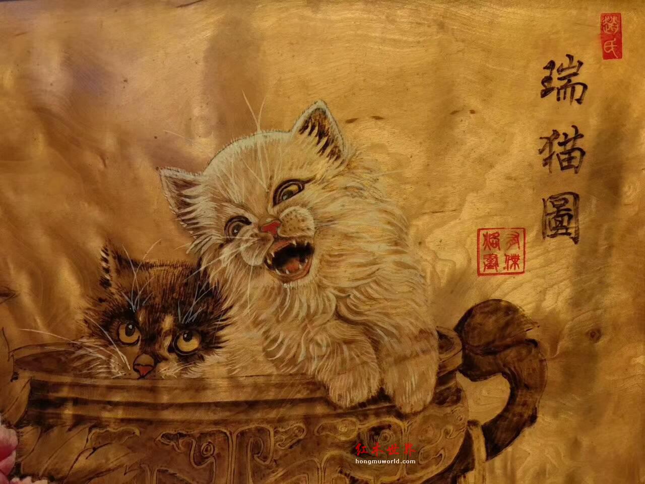 金丝楠木油画《瑞猫图》栩栩如生适合墙壁装饰-4