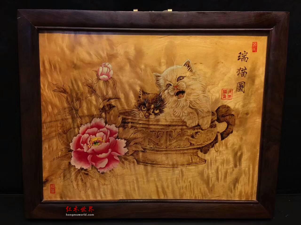 金丝楠木油画《瑞猫图》栩栩如生适合墙壁装饰-5