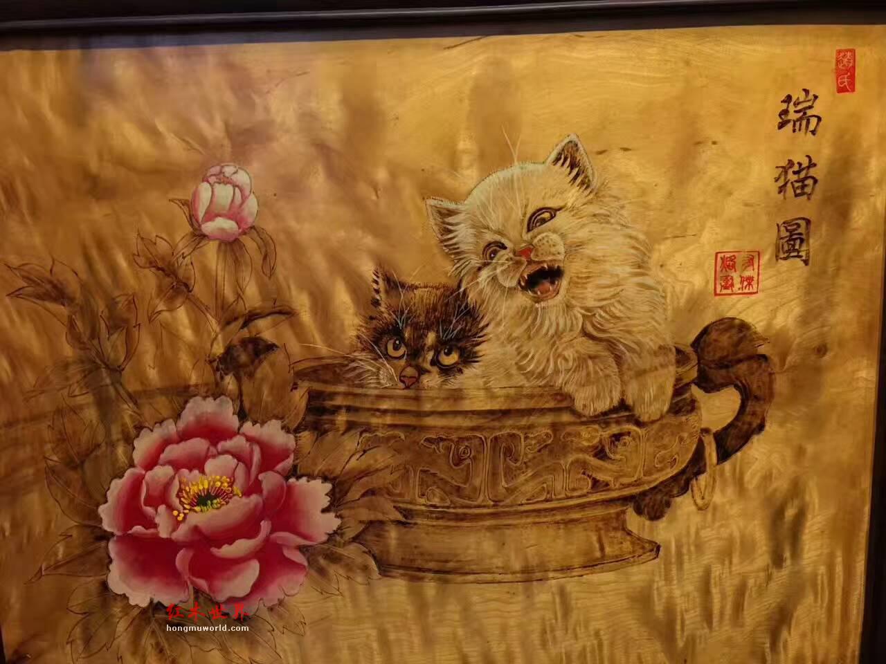 金丝楠木油画《瑞猫图》栩栩如生适合墙壁装饰-6