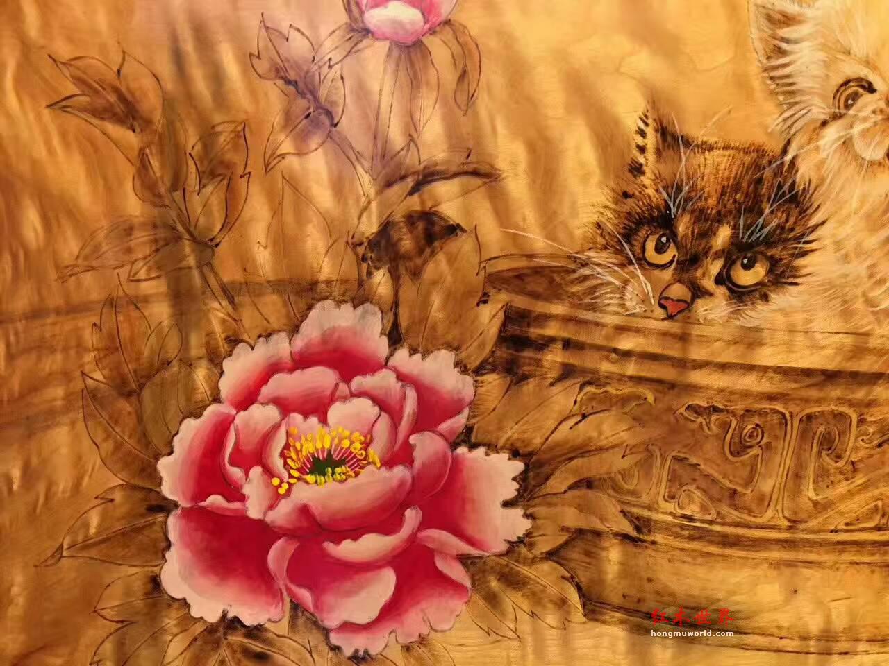 金丝楠木油画《瑞猫图》栩栩如生适合墙壁装饰-8