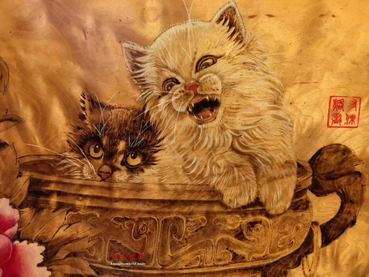 金丝楠木油画《瑞猫图》栩栩如生适合墙壁装饰-7