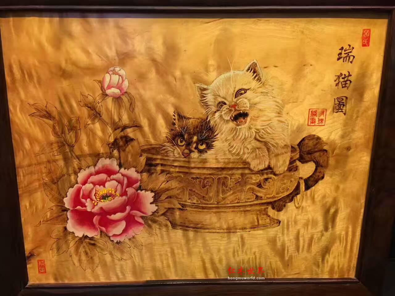 金丝楠木油画《瑞猫图》栩栩如生适合墙壁装饰-9