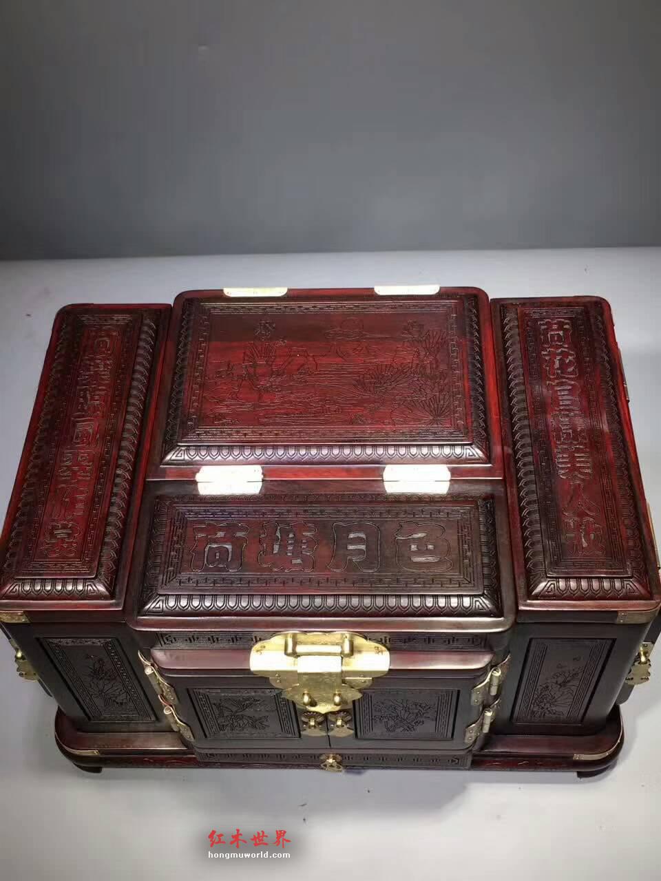 老挝酸枝《荷塘月色》多宝梳妆盒四面雕花大气古朴-6
