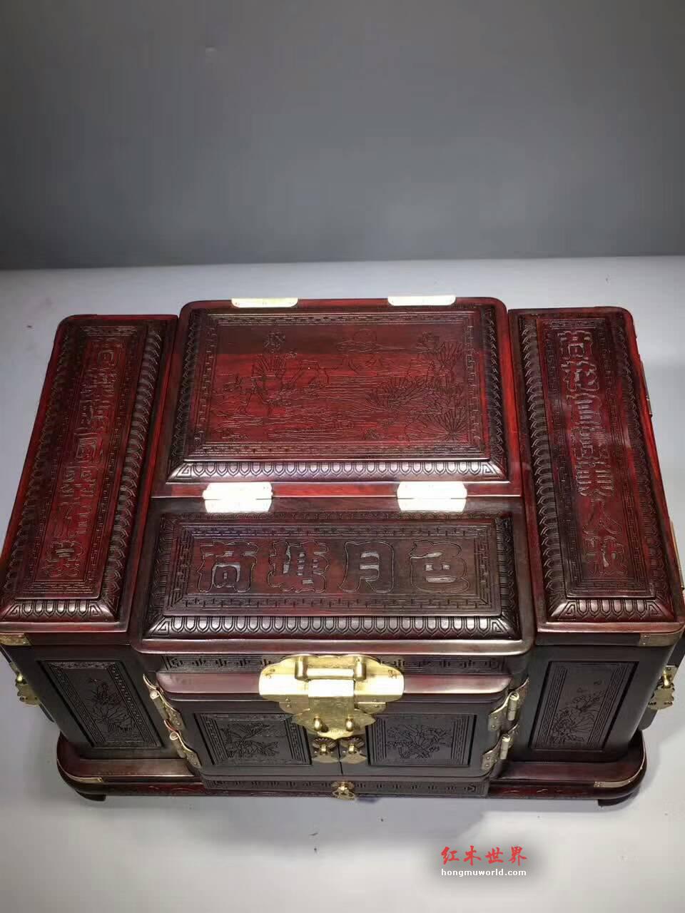老挝酸枝《荷塘月色》多宝梳妆盒四面雕花大气古朴-8