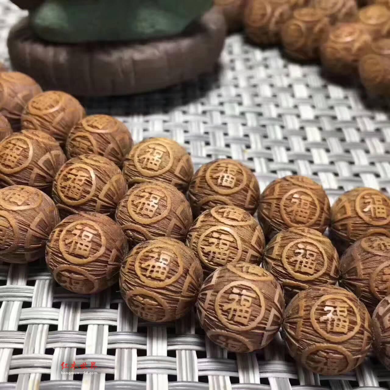 老山檀香1.2*108粒手串 精雕四面寓意吉祥-7