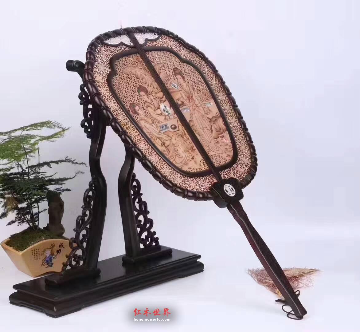 紫光檀嵌檀香宫扇摆件 画面精美做工细致复古风装饰首选-4