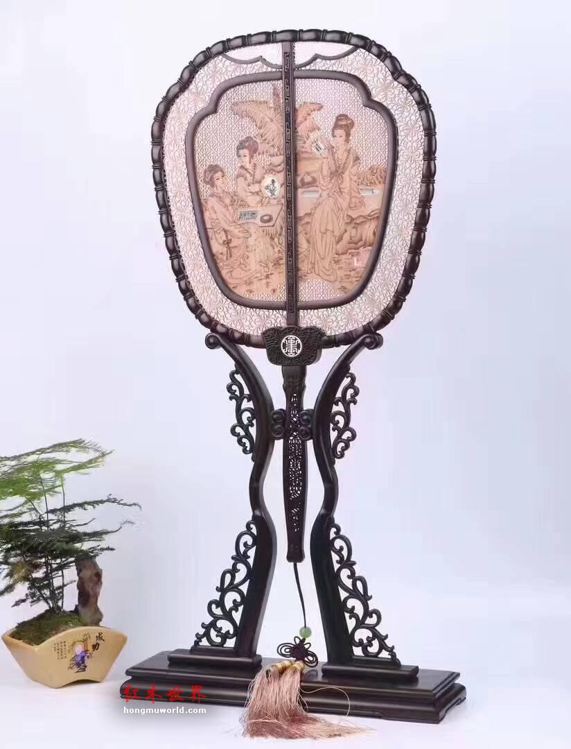 紫光檀嵌檀香宫扇摆件 画面精美做工细致复古风装饰首选-2