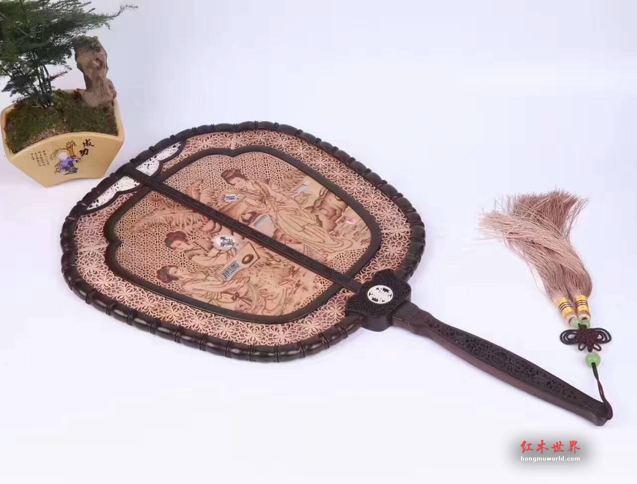 紫光檀嵌檀香宫扇摆件 画面精美做工细致复古风装饰首选-6