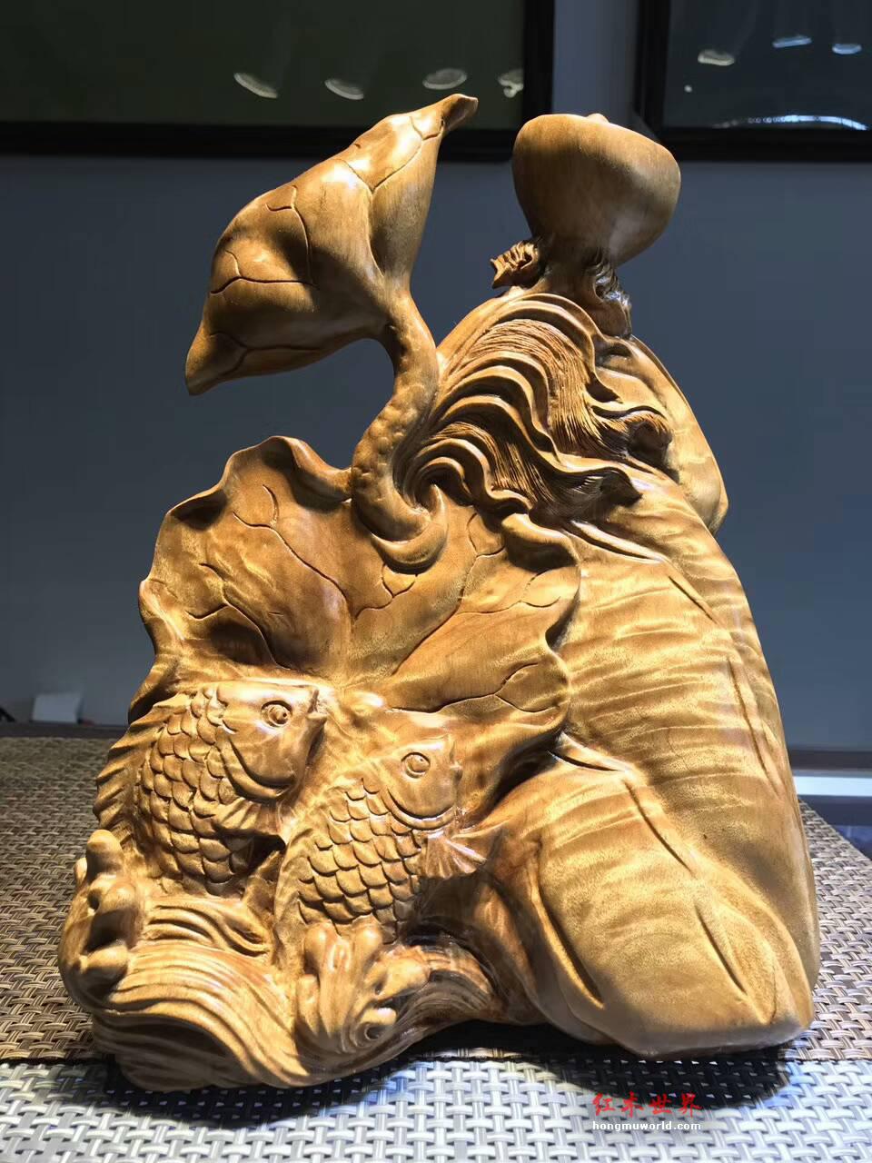 工艺品摆件《荷塘月色》正宗四川金丝楠小叶桢楠枯木老料手工雕刻-3