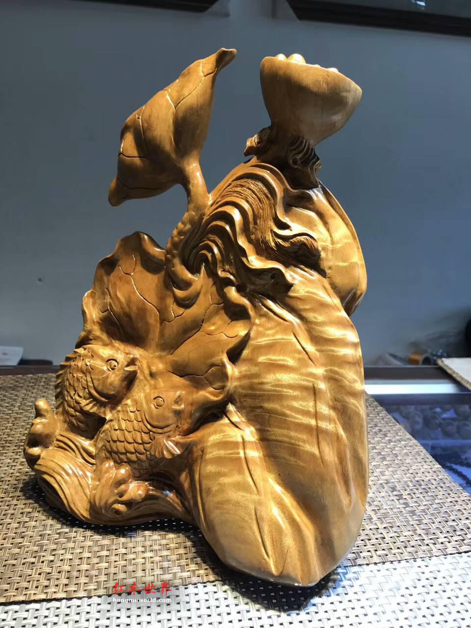工艺品摆件《荷塘月色》正宗四川金丝楠小叶桢楠枯木老料手工雕刻-2