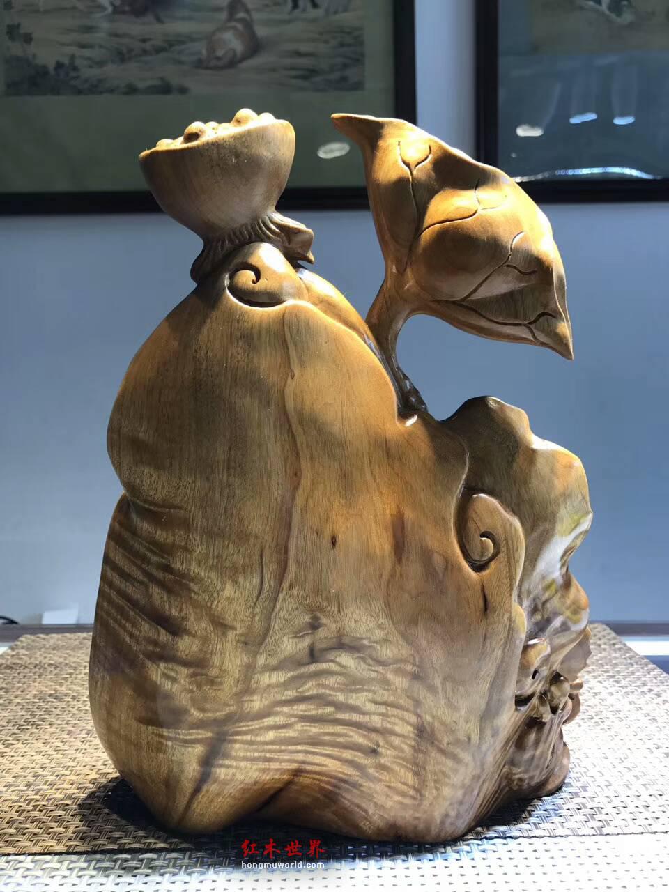 工艺品摆件《荷塘月色》正宗四川金丝楠小叶桢楠枯木老料手工雕刻-5