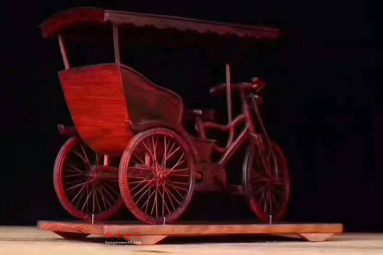 小叶紫檀创意设计礼品 黄包车造型雕刻摆件-8