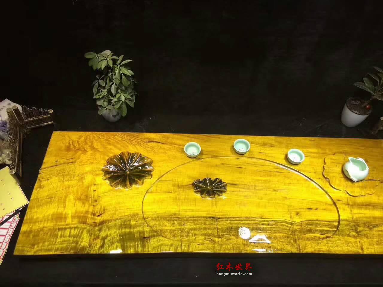 金丝楠木茶盘 版面雕刻荷叶寓意和和美美古朴大方-3