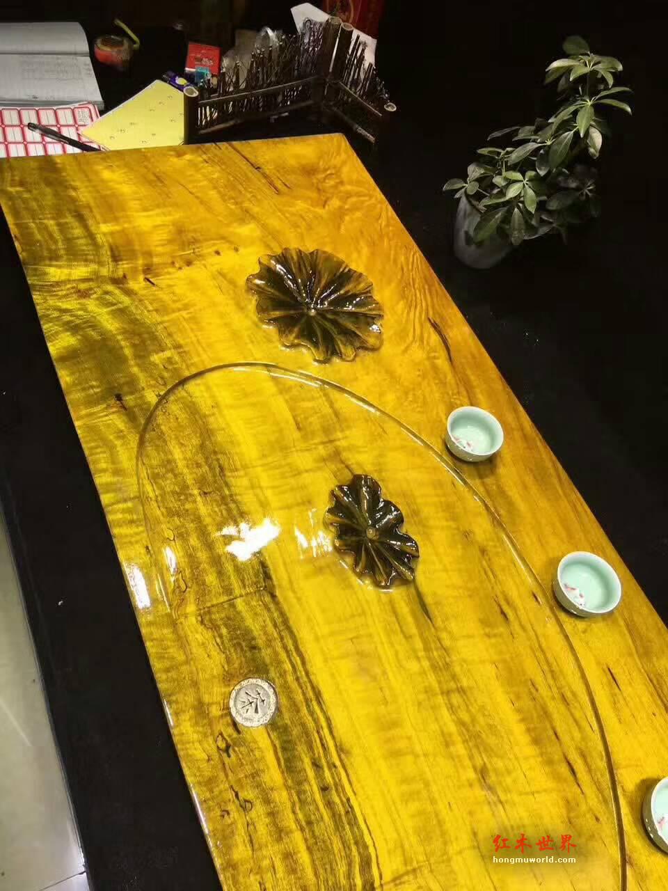 金丝楠木茶盘 版面雕刻荷叶寓意和和美美古朴大方-4