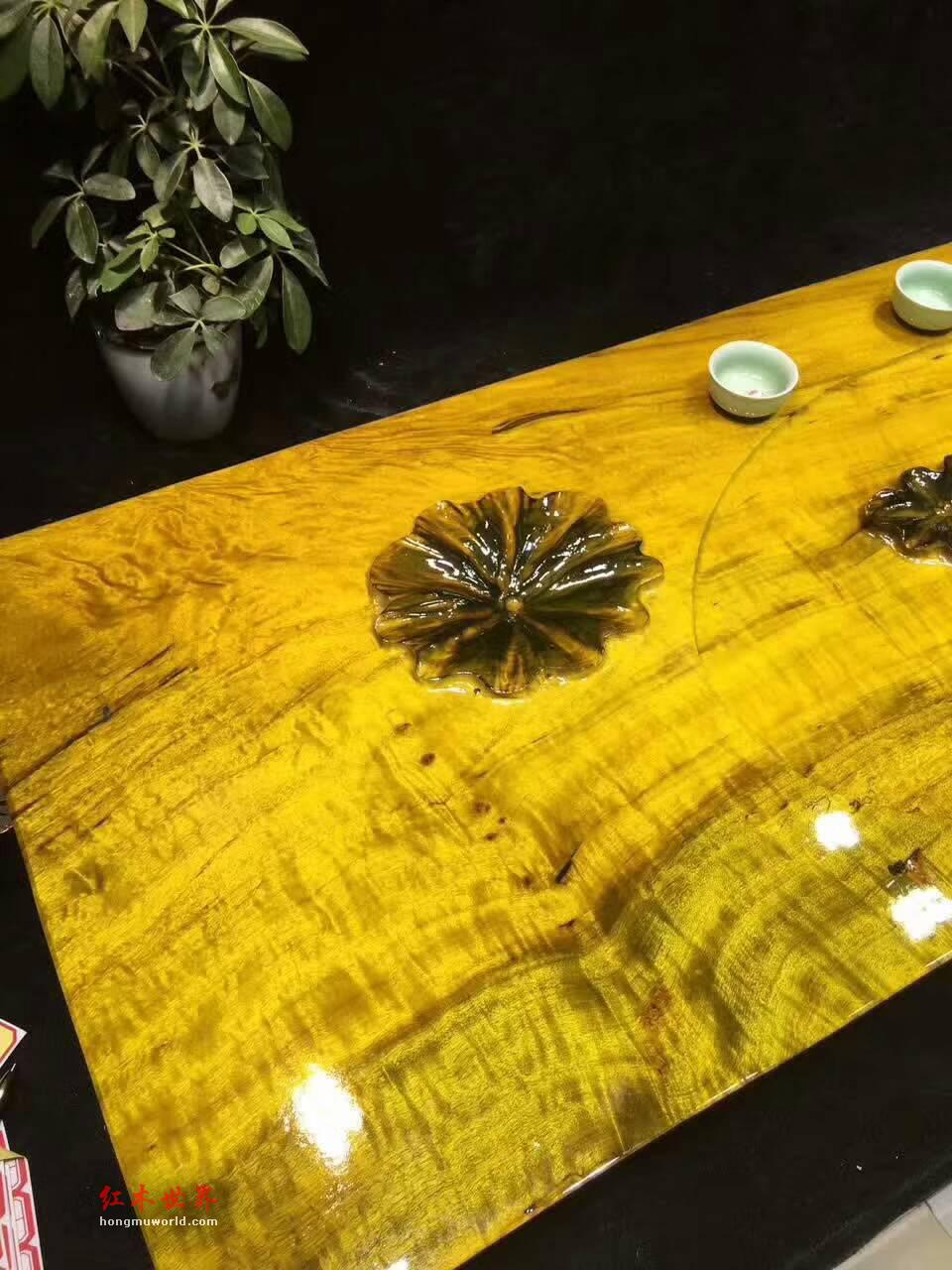 金丝楠木茶盘 版面雕刻荷叶寓意和和美美古朴大方-6