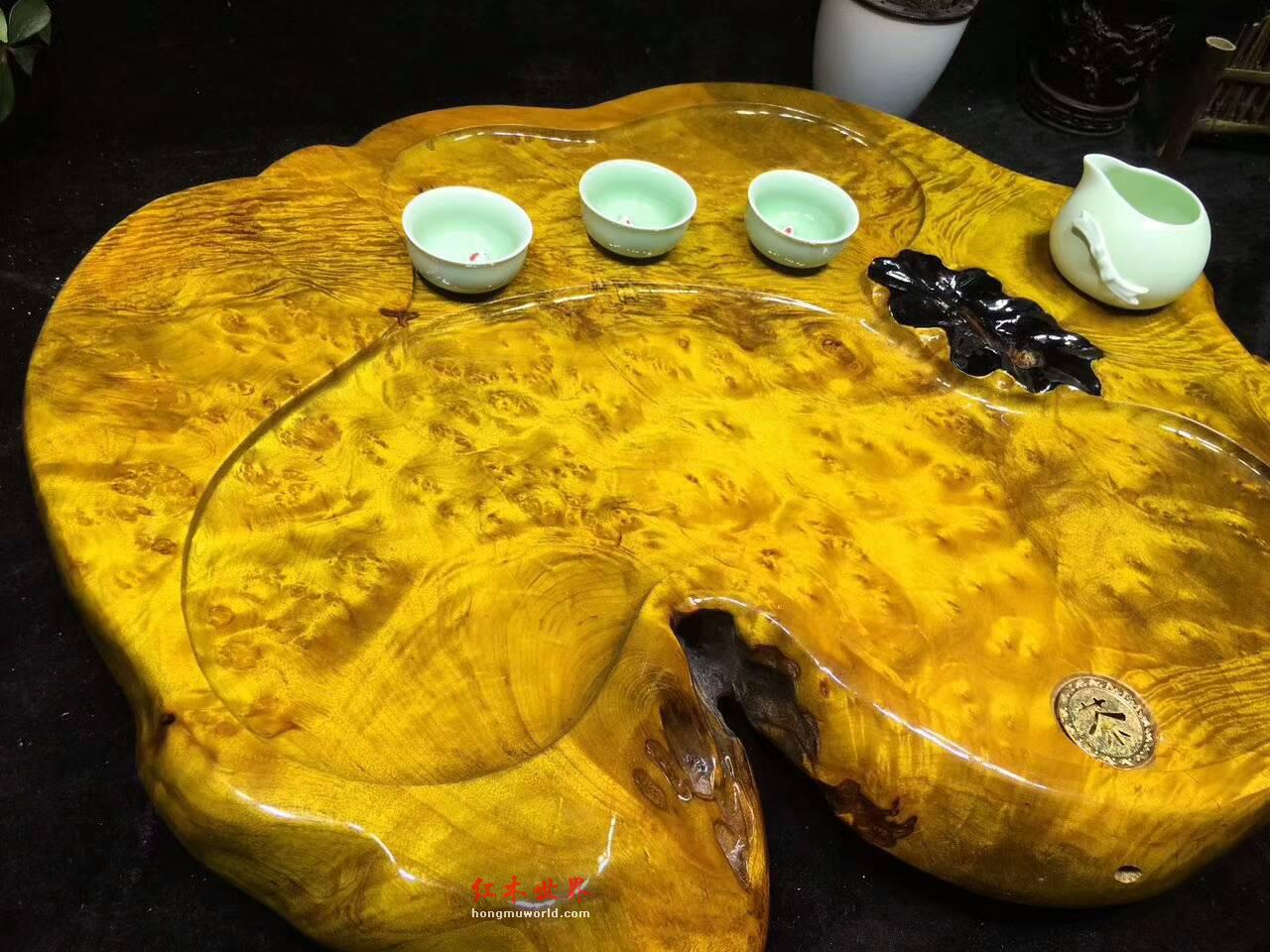 黄金樟茶桌带瘤疤 板面干净颜色金黄纹理清晰提升格调-5