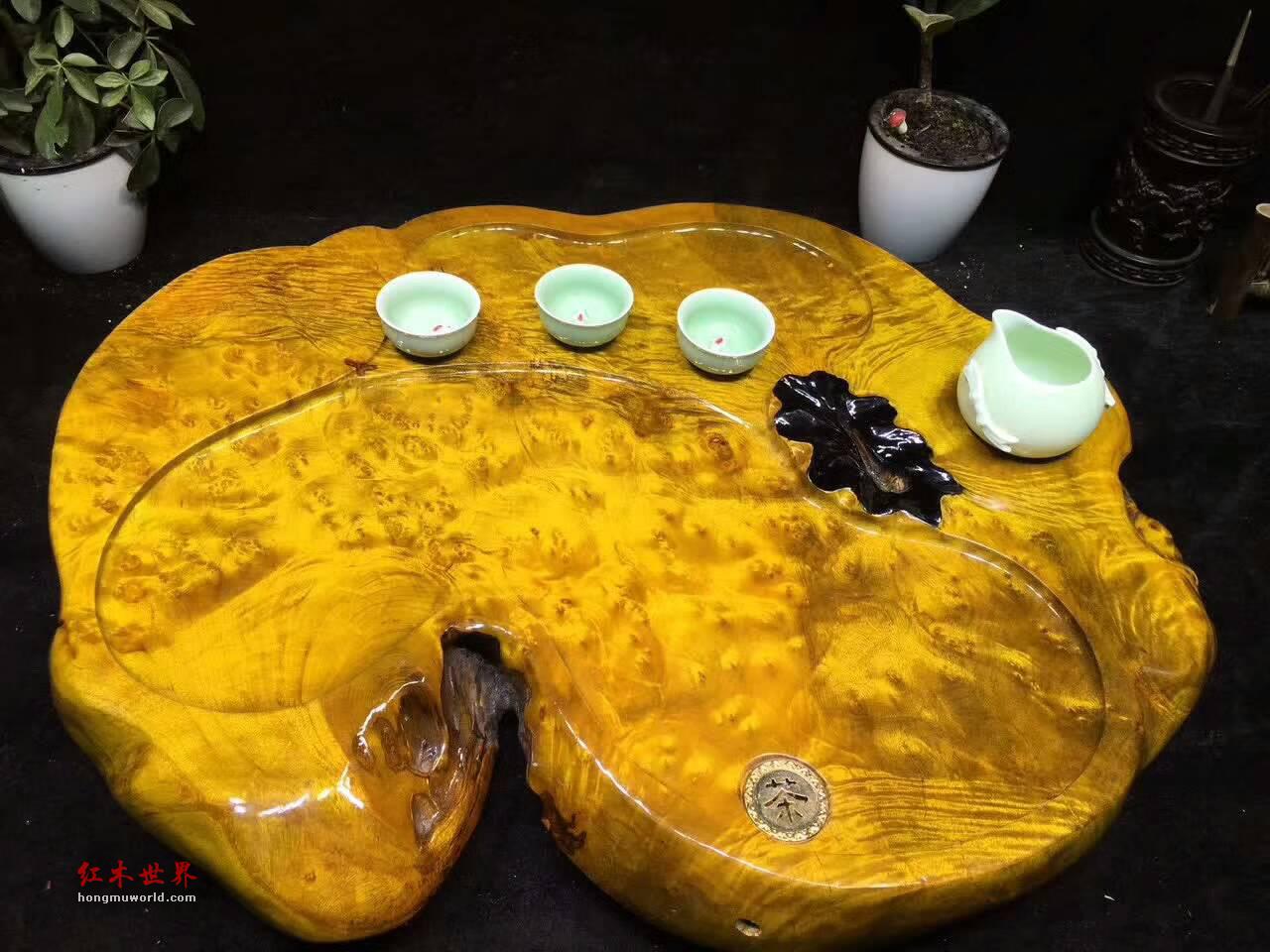 黄金樟茶桌带瘤疤 板面干净颜色金黄纹理清晰提升格调-9
