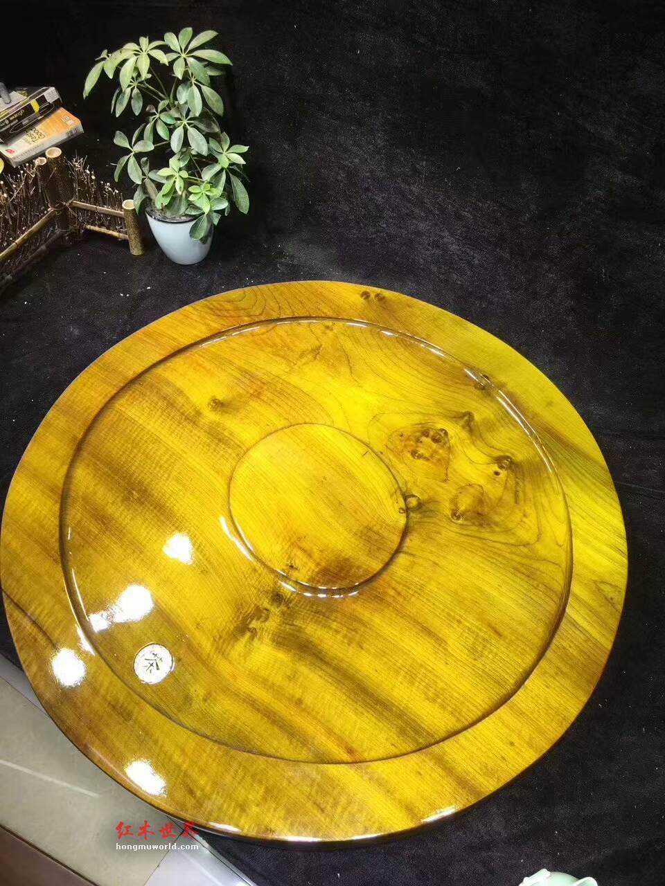 金丝楠圆形茶盘带水波纹 时来运转事事顺利-1