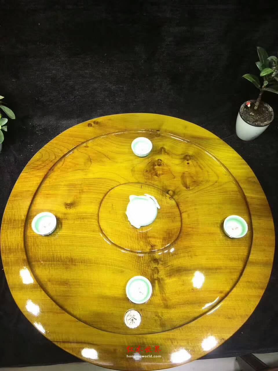 金丝楠圆形茶盘带水波纹 时来运转事事顺利-3