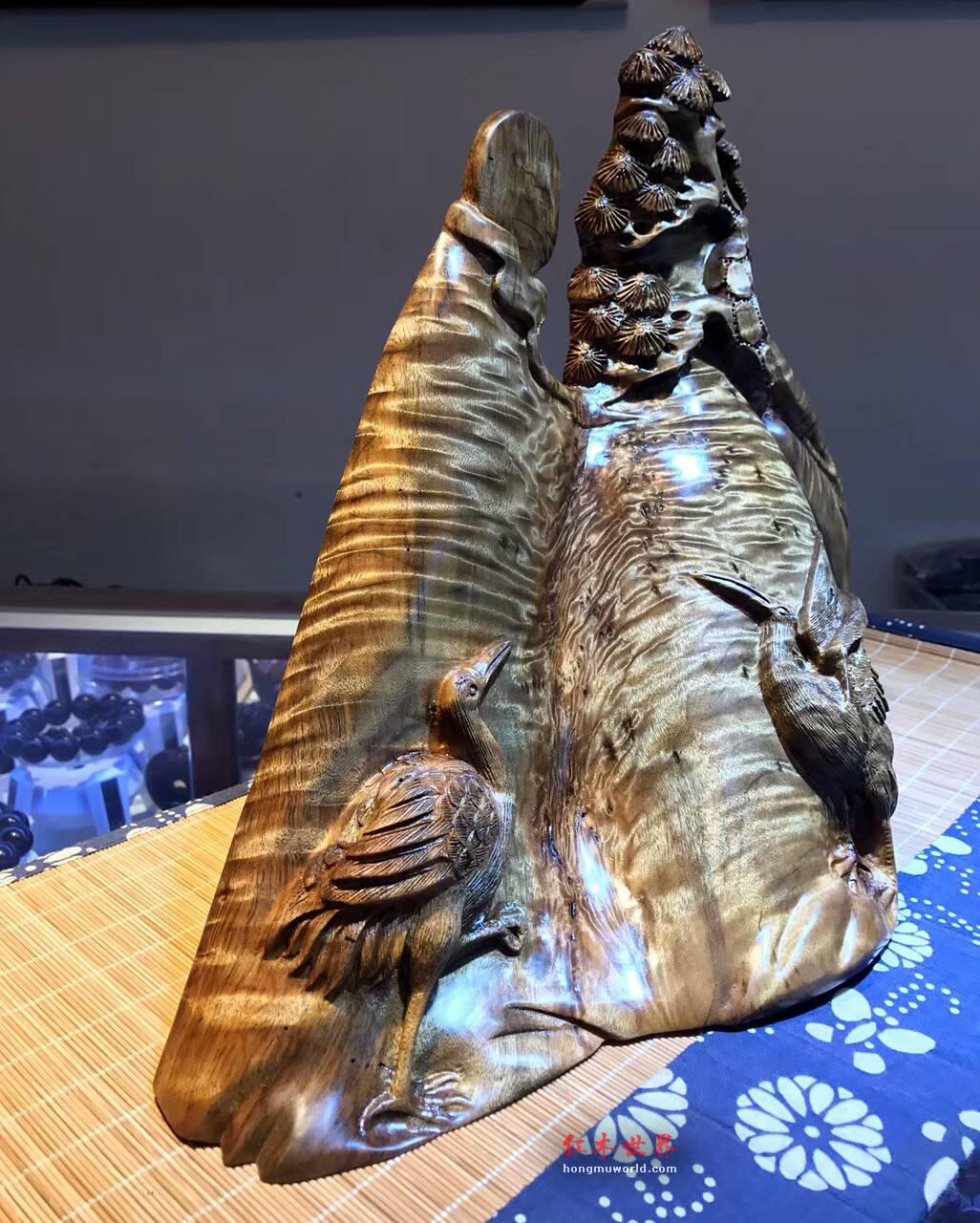 正宗四川金丝楠手工雕刻《松鹤延年》 枯木树头老料满水波纹龙胆纹-6