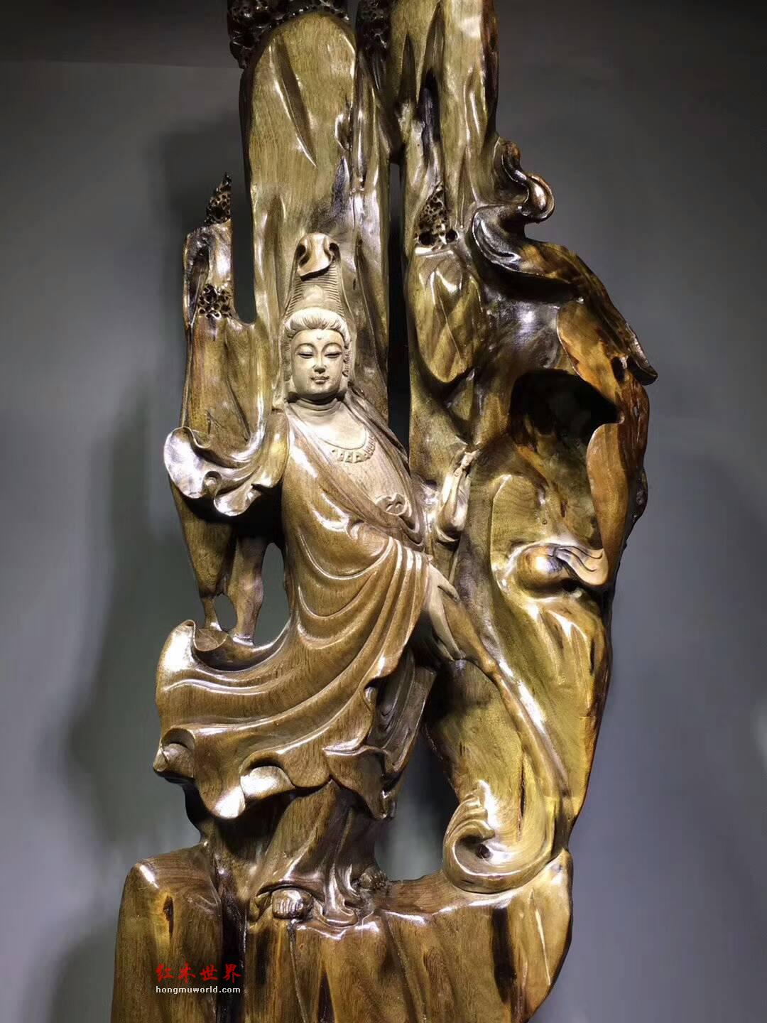 极品小叶金丝楠古阴沉根雕《自在观音》背景精致雕工细腻庄严慈目-1