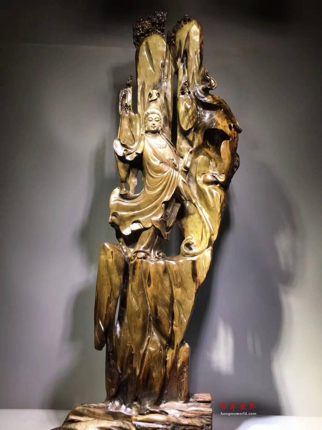 极品小叶金丝楠古阴沉根雕《自在观音》背景精致雕工细腻庄严慈目-2