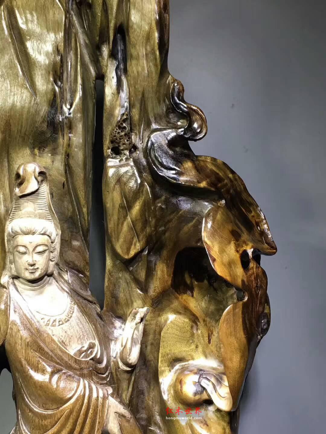 极品小叶金丝楠古阴沉根雕《自在观音》背景精致雕工细腻庄严慈目-4
