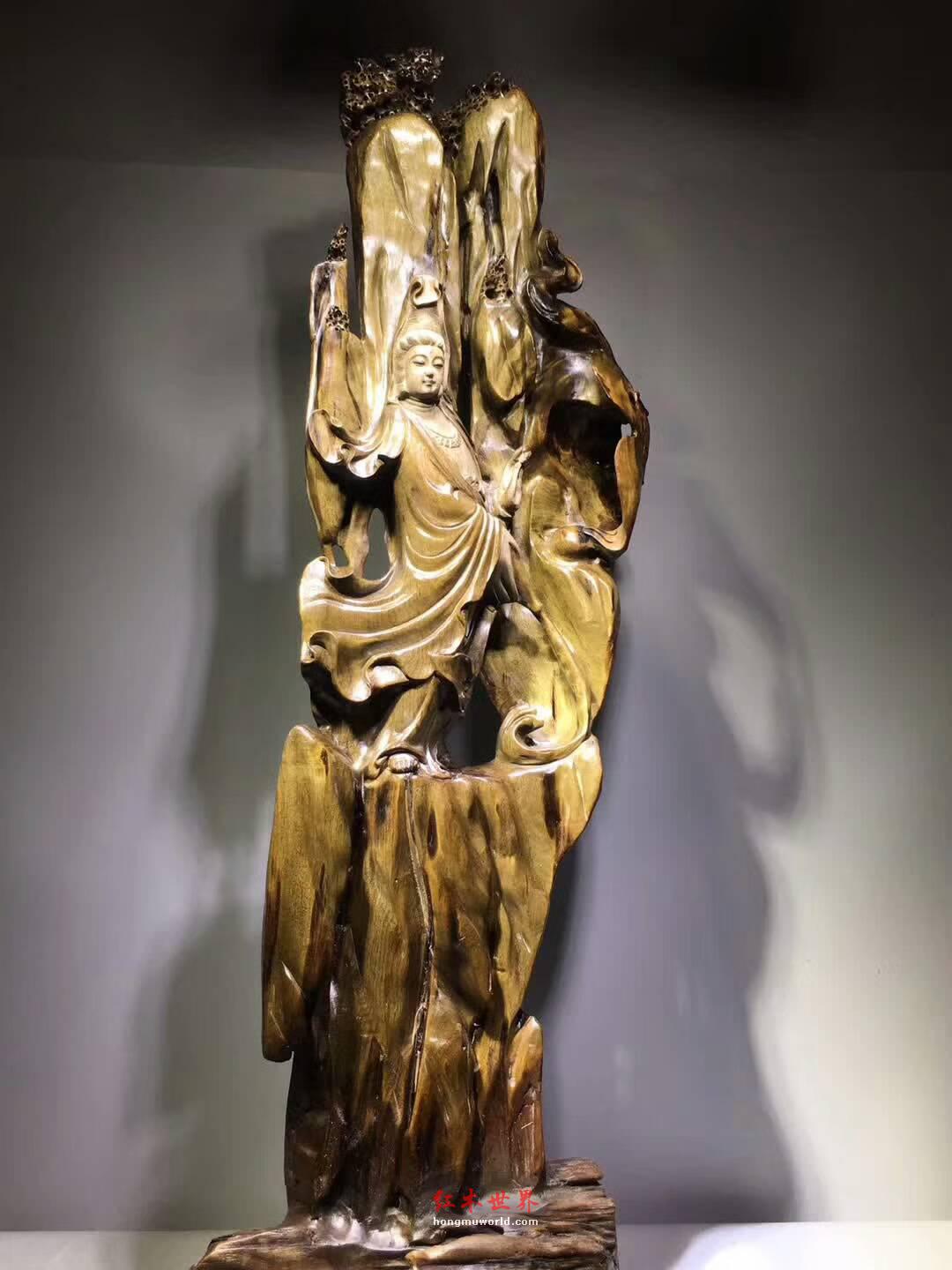 极品小叶金丝楠古阴沉根雕《自在观音》背景精致雕工细腻庄严慈目-5