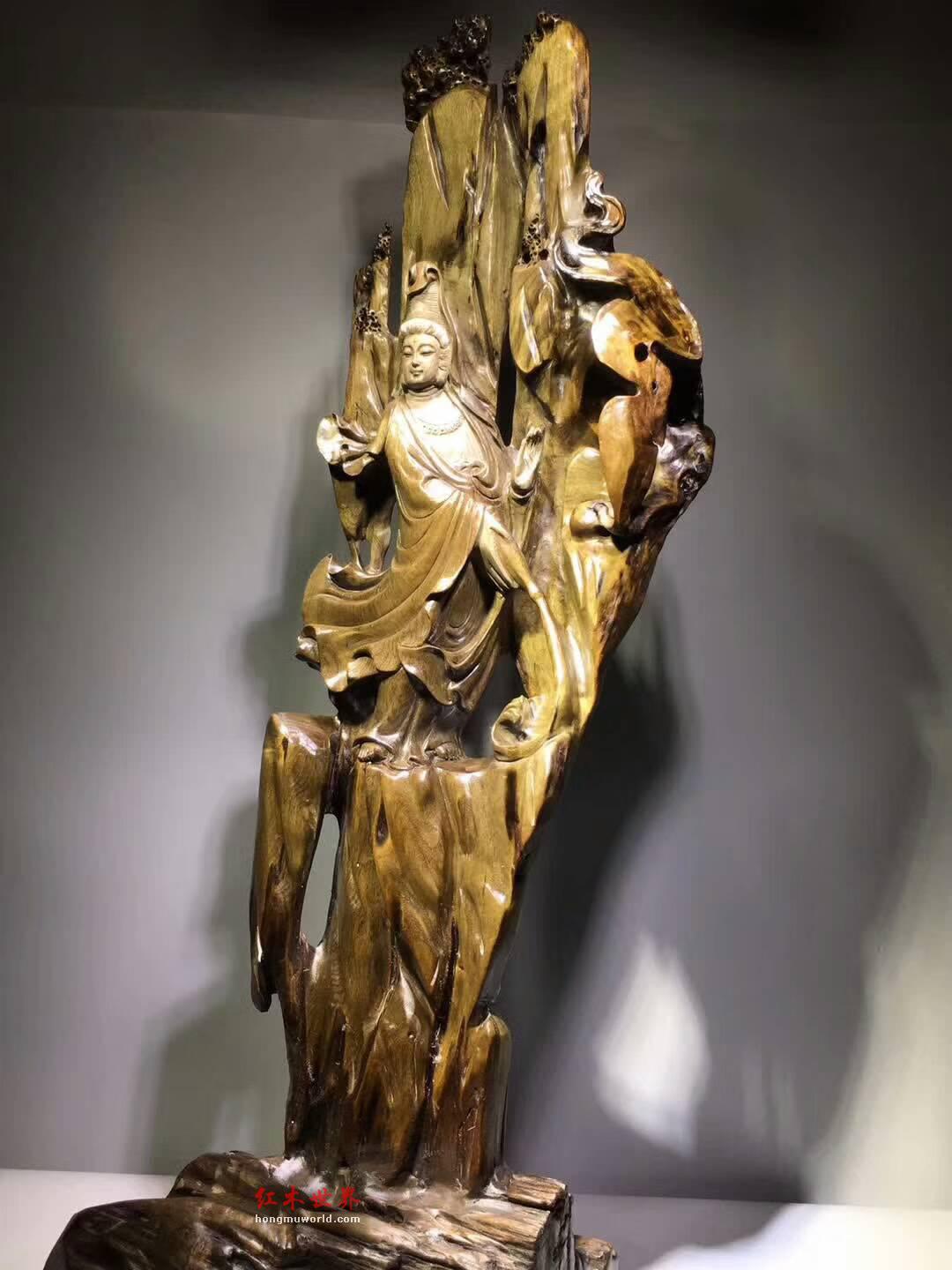 极品小叶金丝楠古阴沉根雕《自在观音》背景精致雕工细腻庄严慈目-6