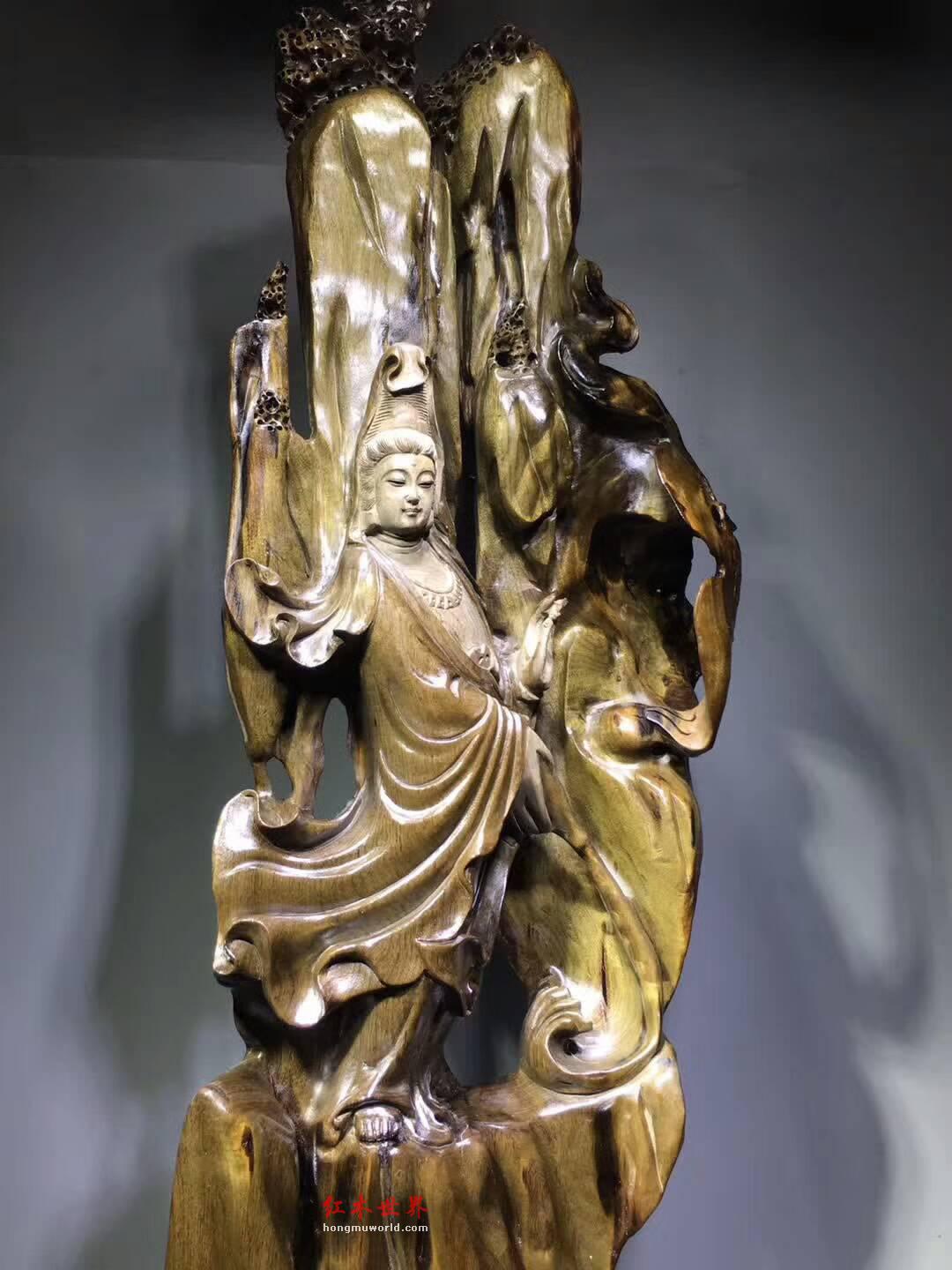 极品小叶金丝楠古阴沉根雕《自在观音》背景精致雕工细腻庄严慈目-7